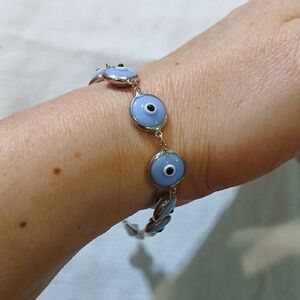 🔮 Pale Blue Evil Eye Bracelet Sterling Silver Made in Turkey 7.5"